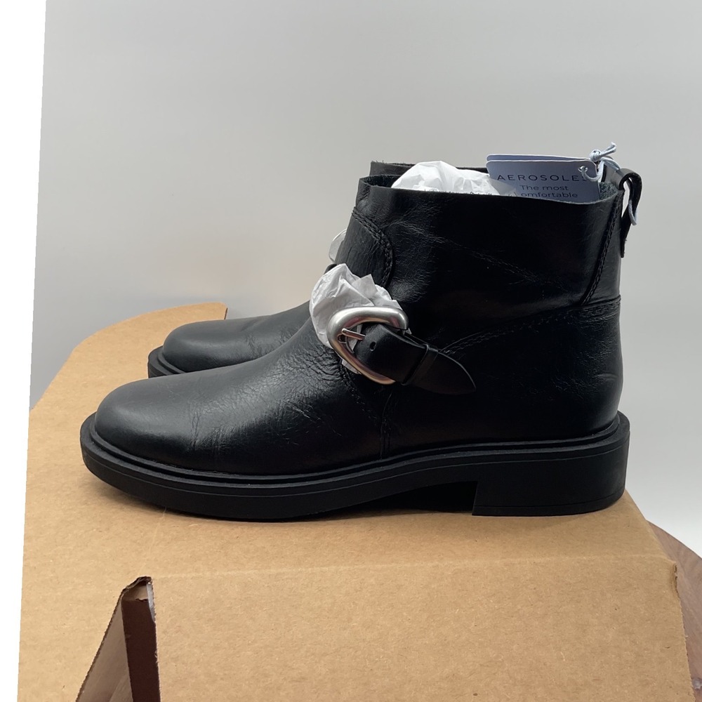 Aerosoles Black Leather Buckle Ankle Boots Women 9 Lug Sole Moto Bootie NEW
